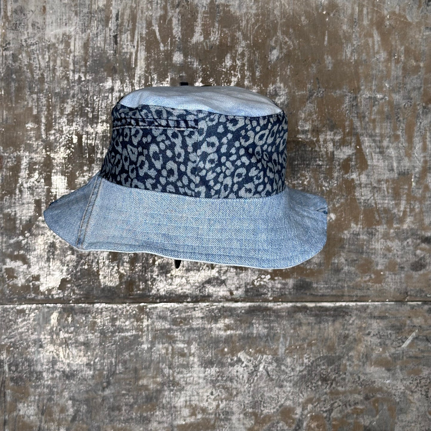 blue cheetah, pinstrpes + blue patchwork denim reversible bucket hat