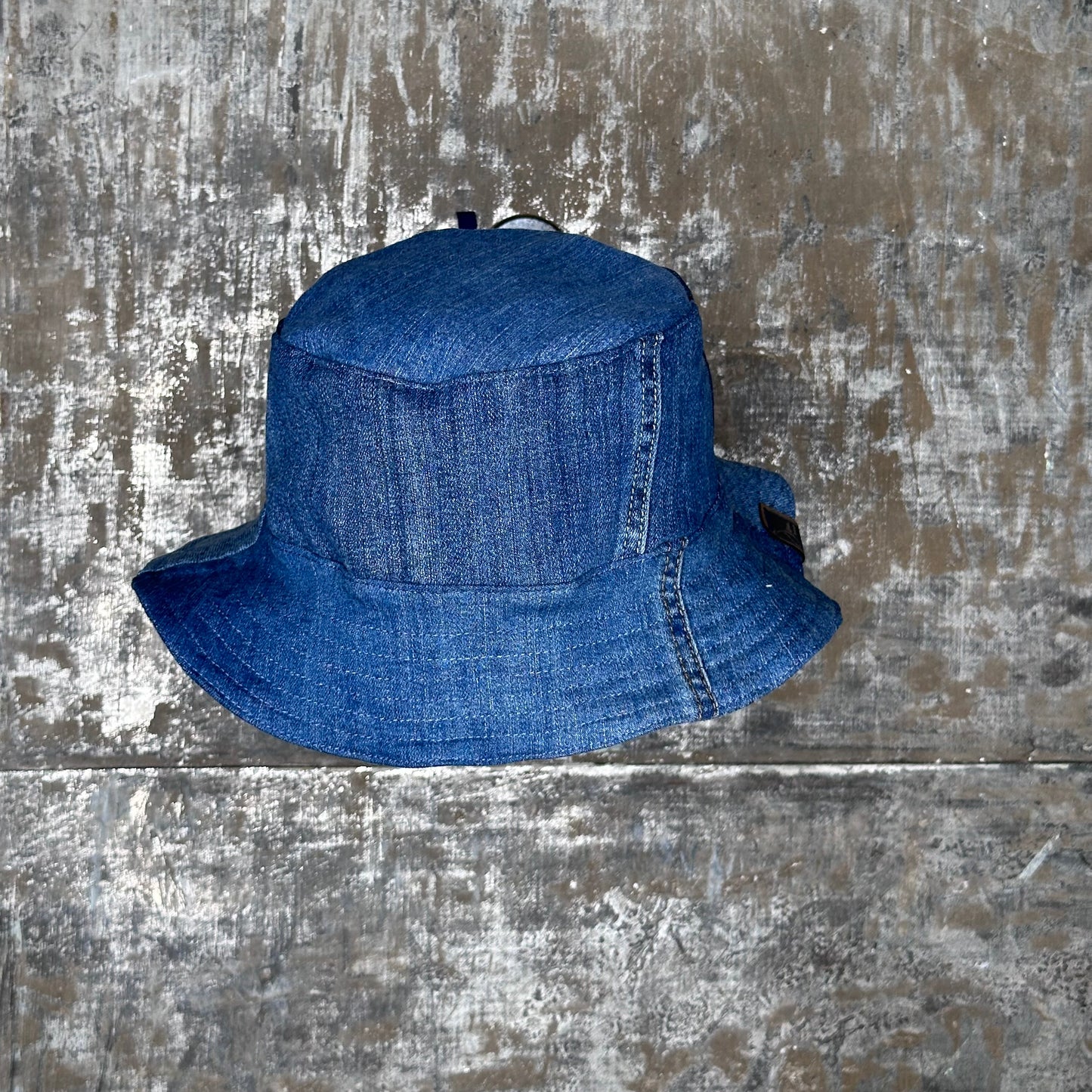 shades of blue patchwork denim reversible bucket hat