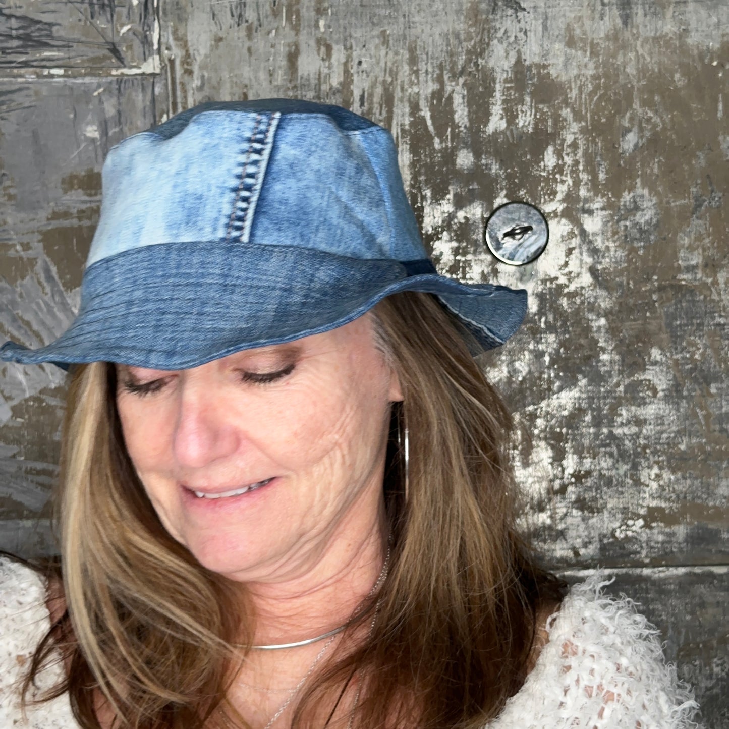 shades of blue patchwork denim reversible bucket hat