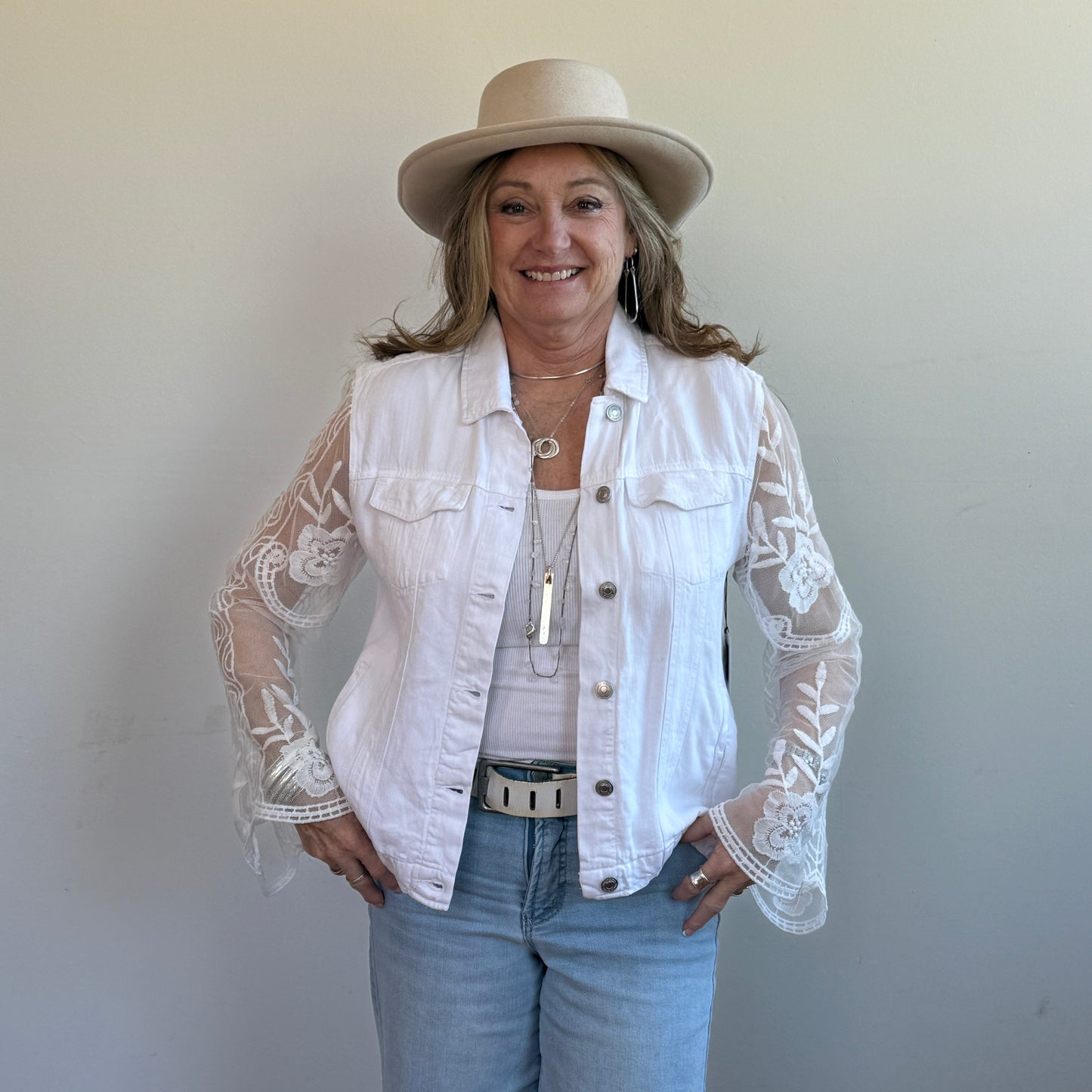 white tencel denim jacket, white lace + soft fringe