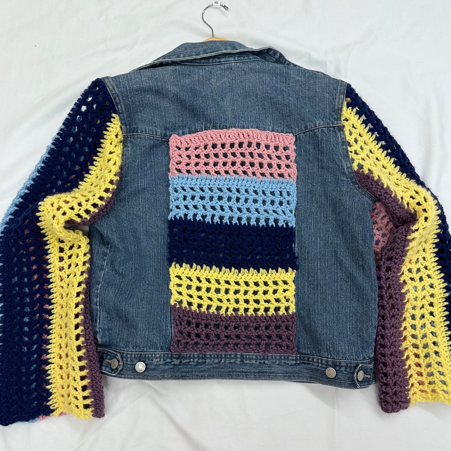 bold color stripe crochet classic denim jacket