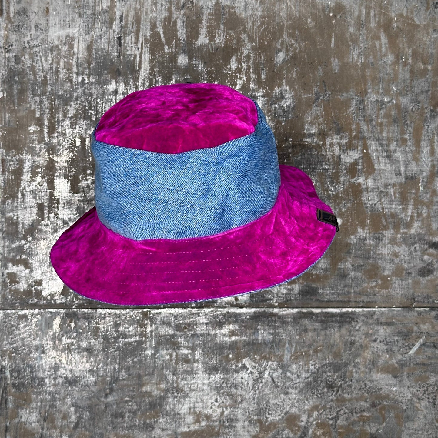 fushia crushed velvet + light blue denim reversible bucket hat