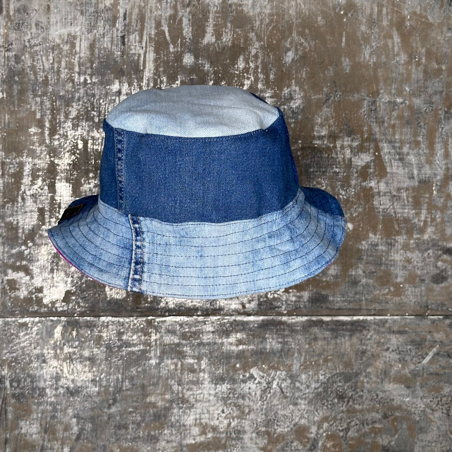 fushia crushed velvet + blue patchwork denim reversible bucket hat