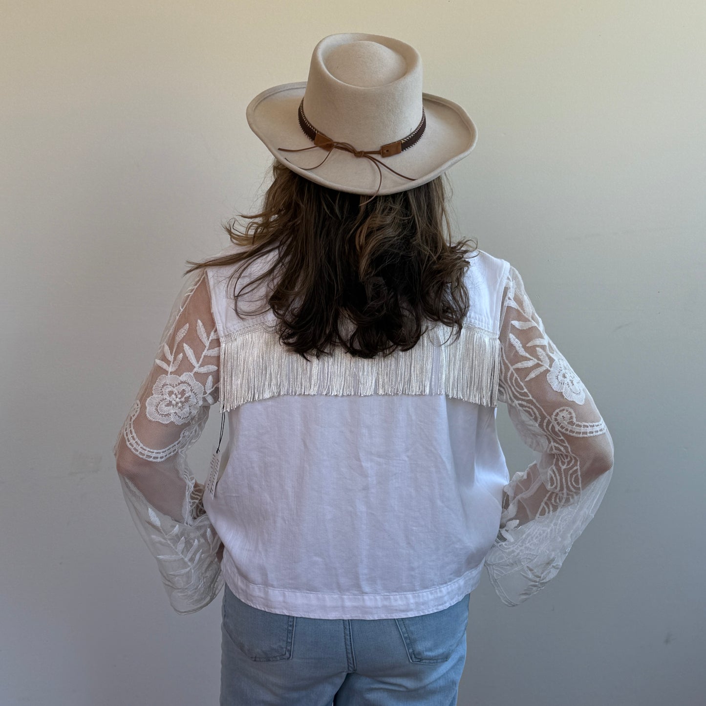 white tencel denim jacket, white lace + soft fringe