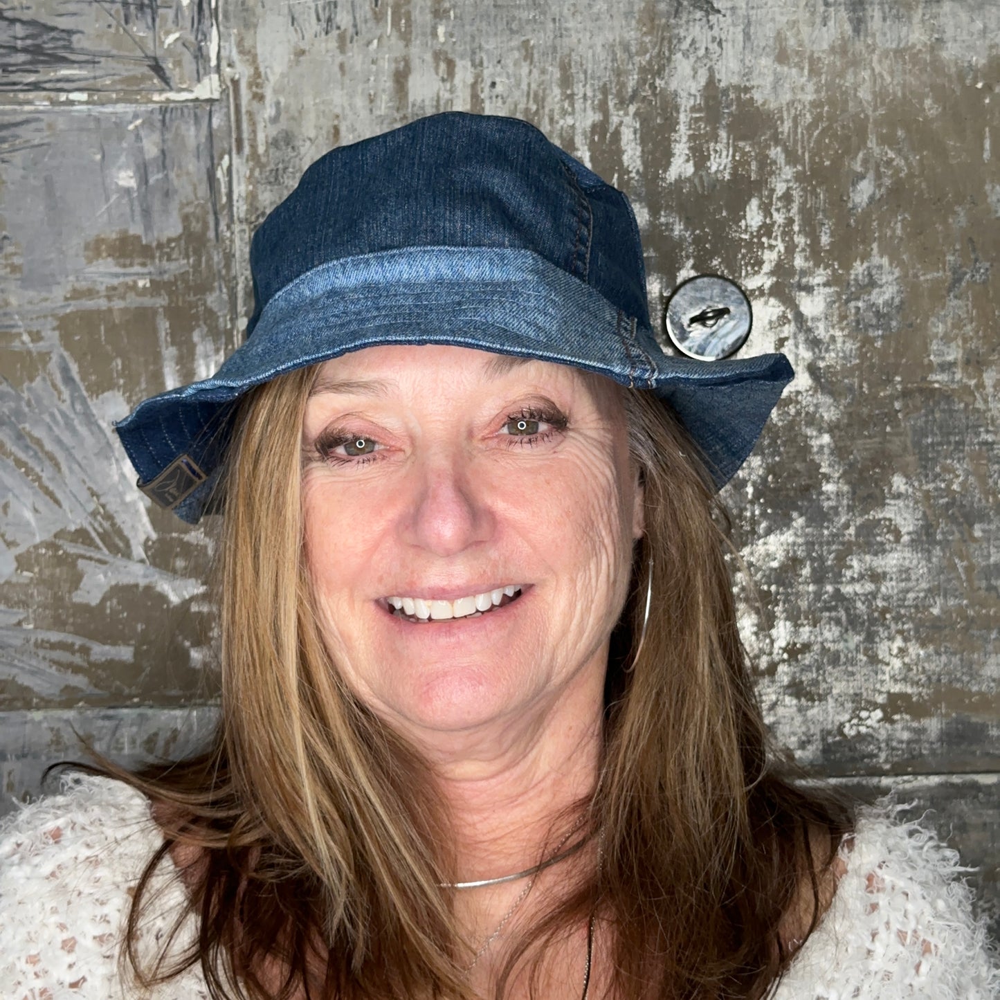 shades of blue patchwork denim reversible bucket hat