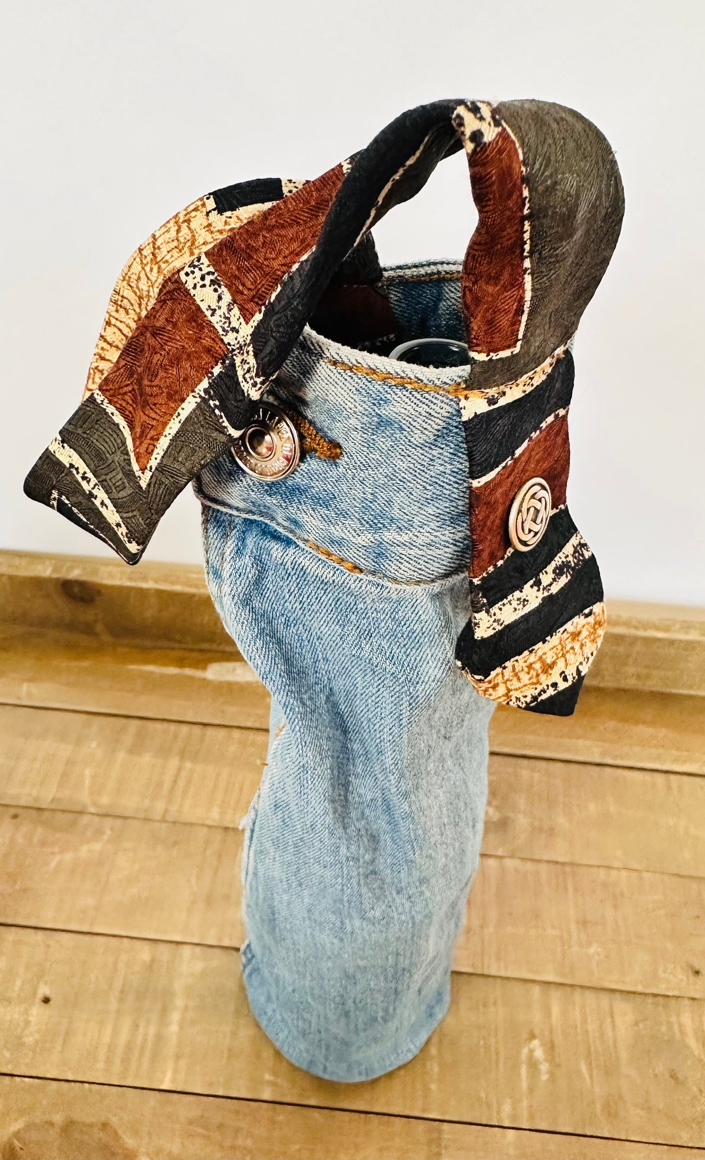 medium wash denim + abstract earthy tie wine sleeve