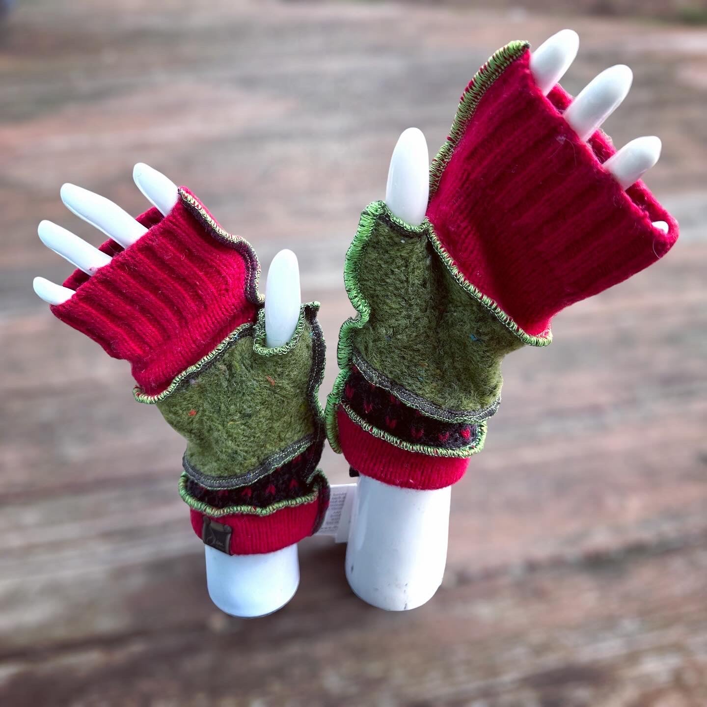 bright green + red fun felted fingerless mittens