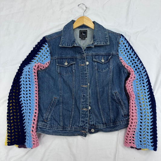 bold color stripe crochet classic denim jacket
