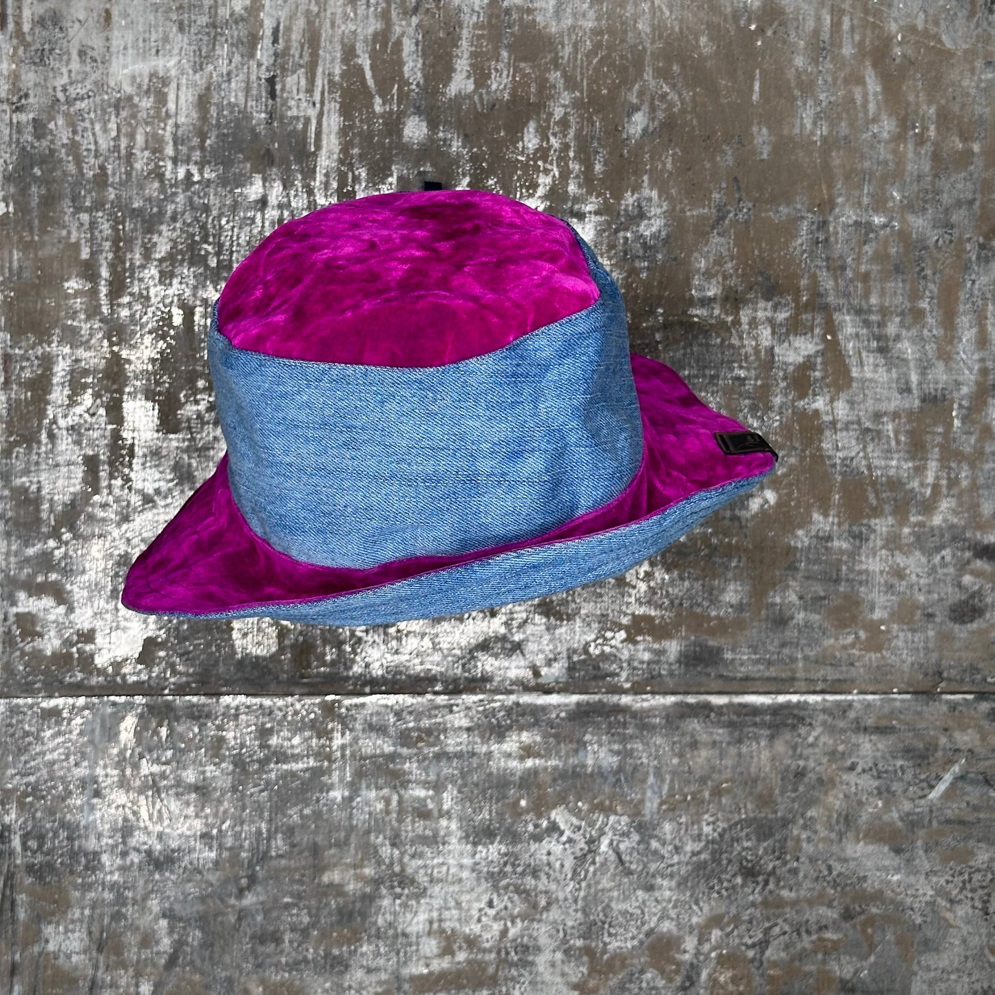 fushia crushed velvet + light blue denim reversible bucket hat