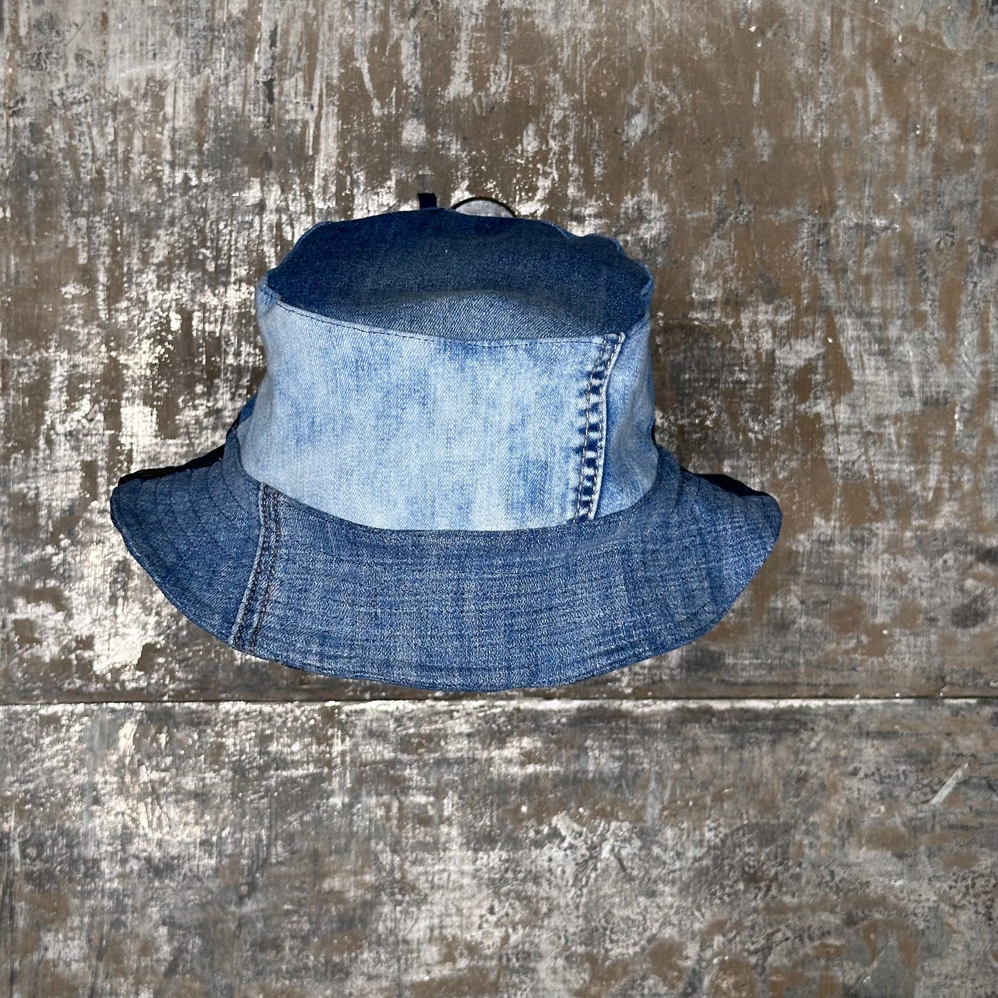 shades of blue patchwork denim reversible bucket hat