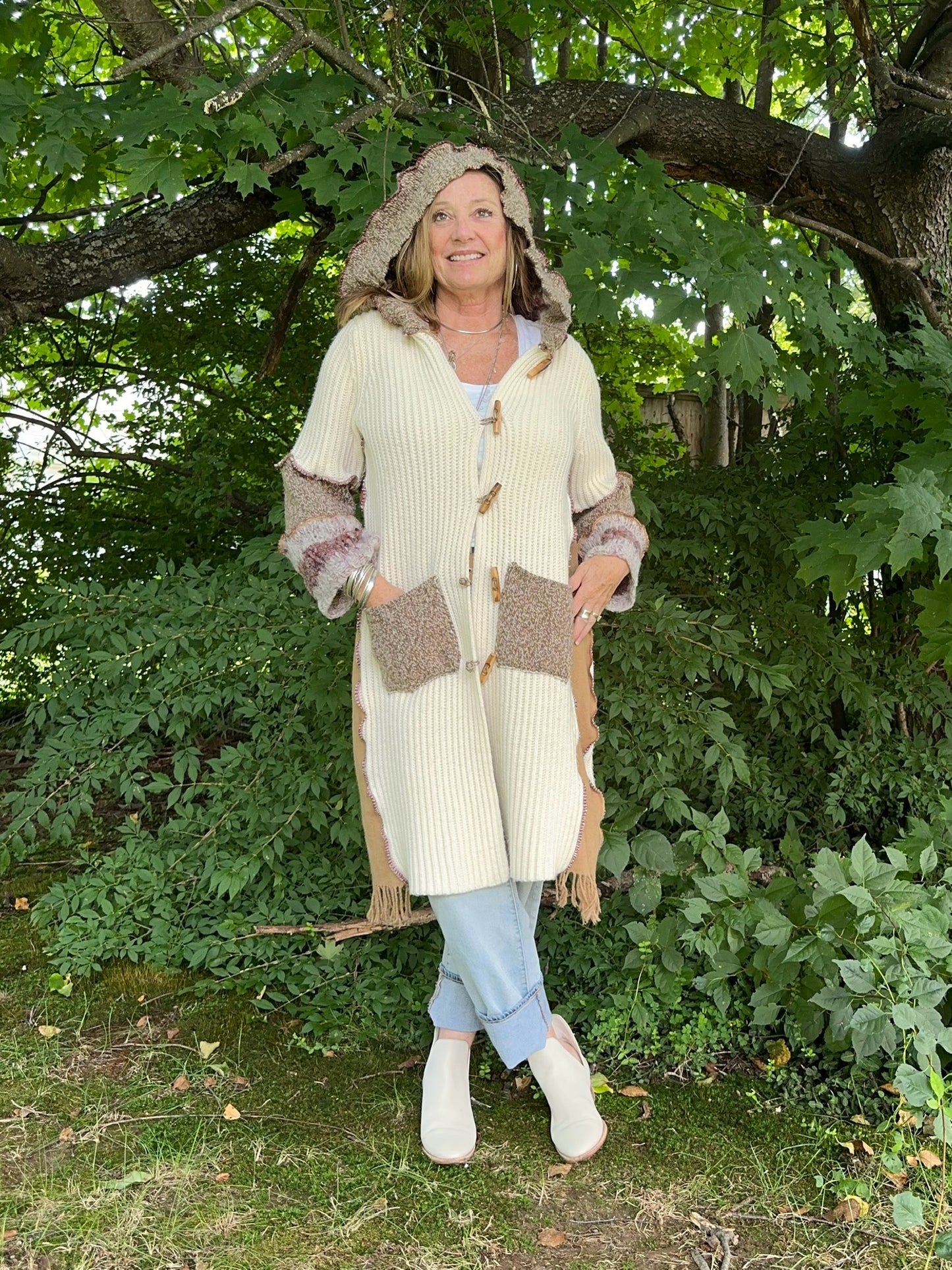 creams + browns long cozy cardigan coat