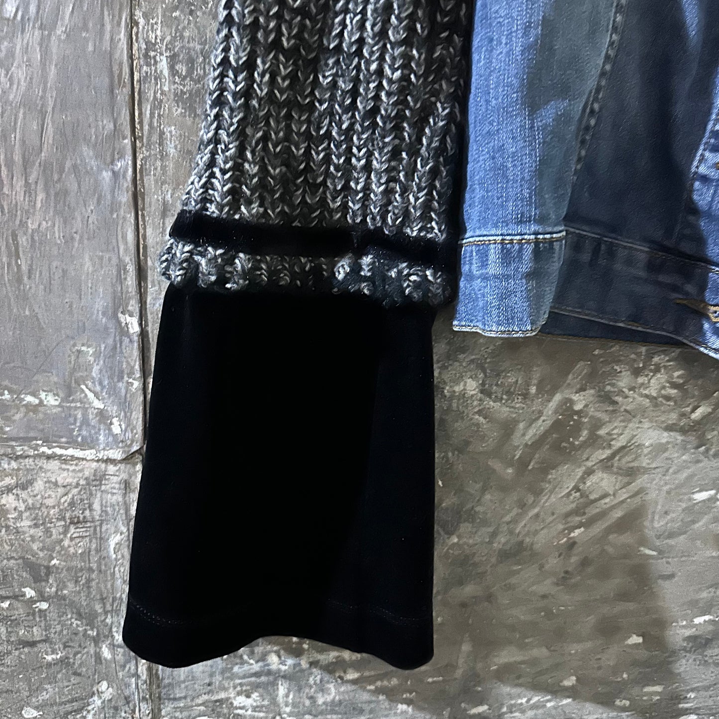 black marbled knit, velvet denim jacket