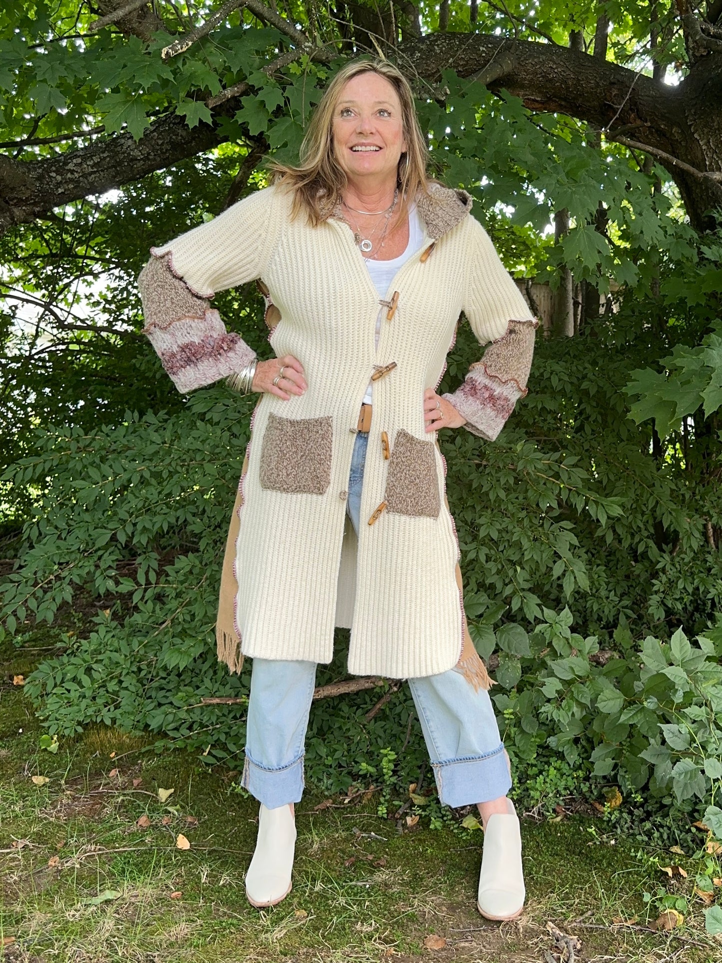 creams + browns long cozy cardigan coat
