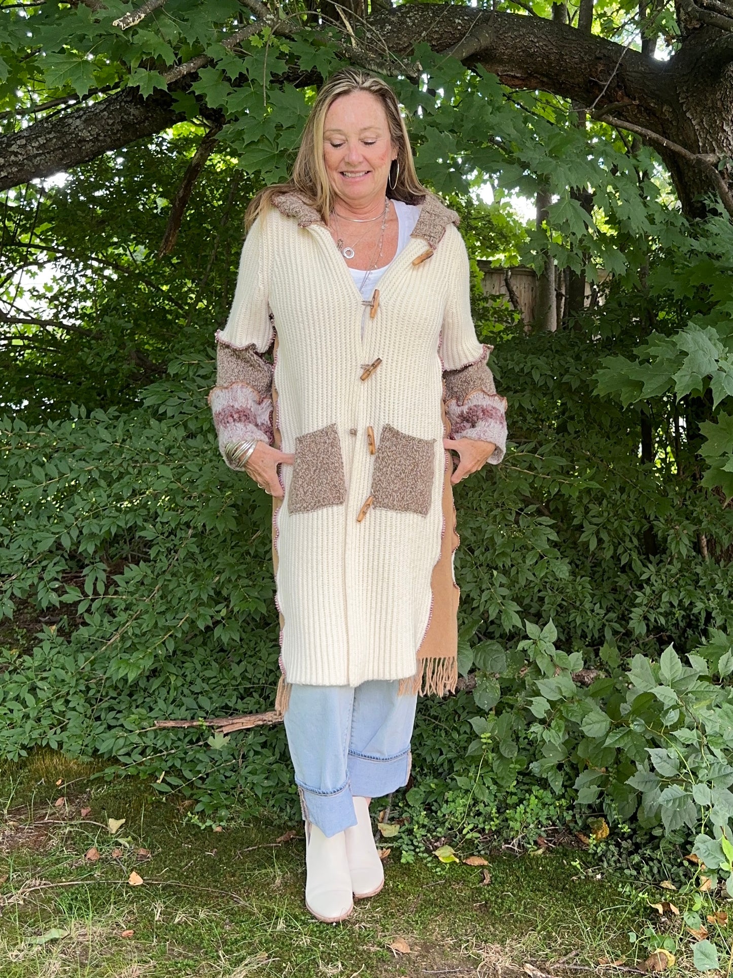 creams + browns long cozy cardigan coat