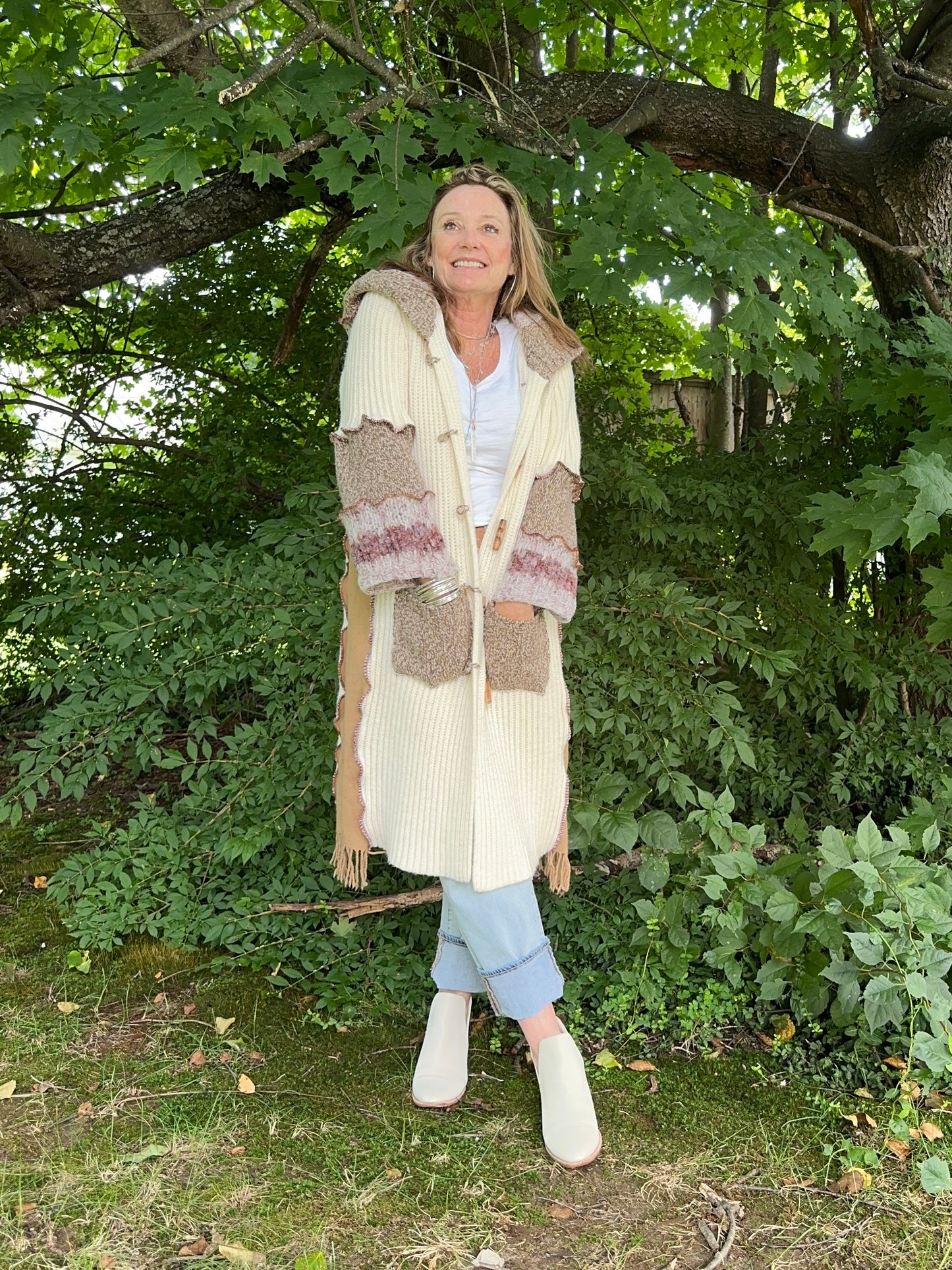 creams + browns long cozy cardigan coat