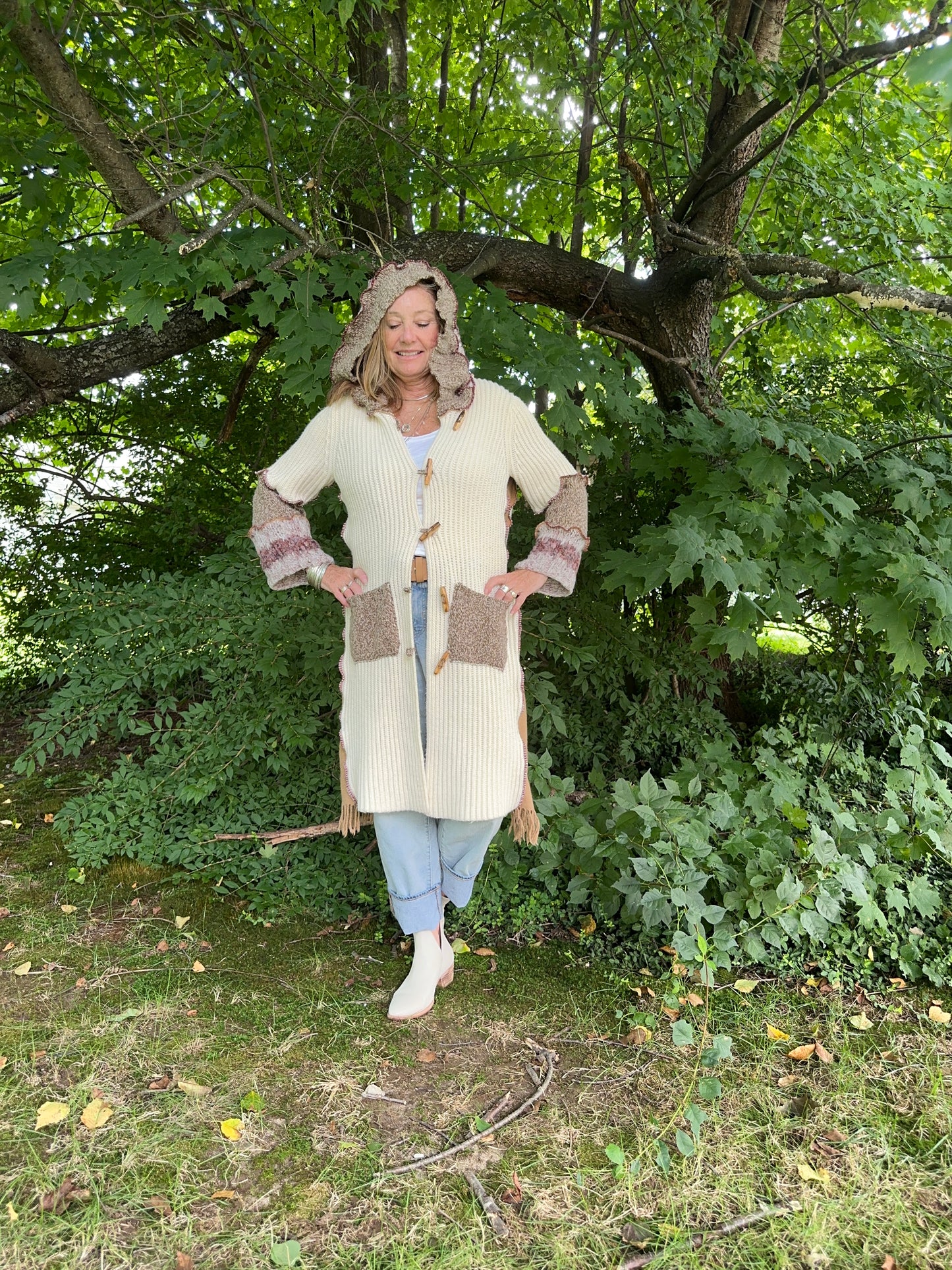creams + browns long cozy cardigan coat