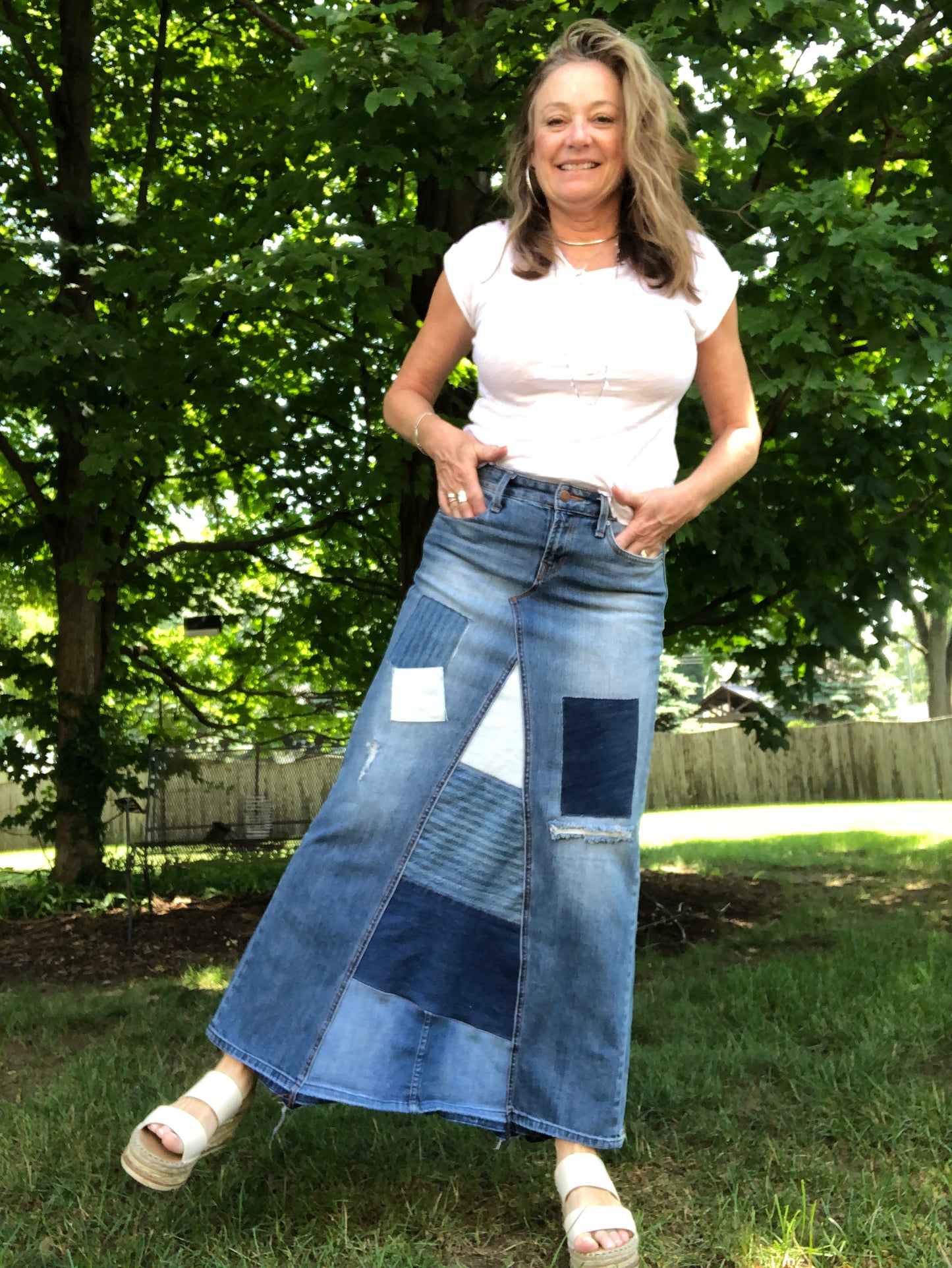 distressed torn denim patch fun maxi skirt, (size 28)