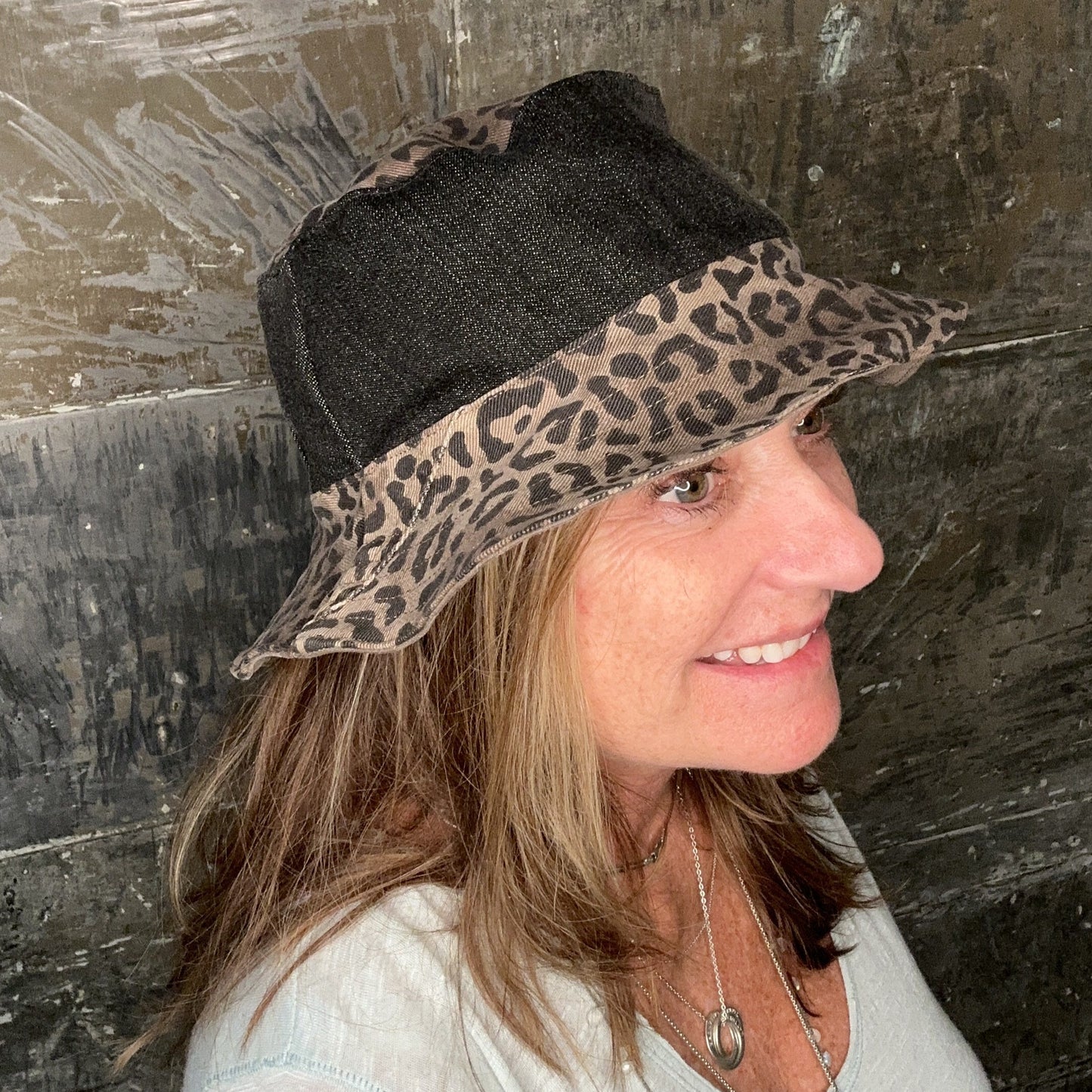 black cheetah denim + brown denim reversible bucket hat