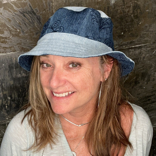 deep blue embroidered denim + light blue denim reversible bucket hat