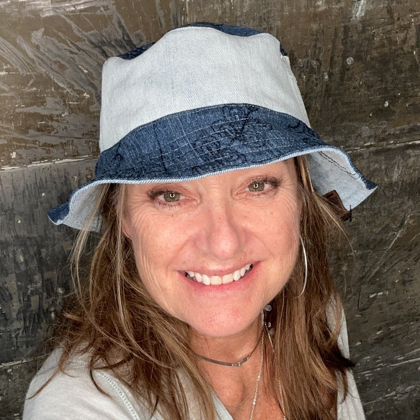 deep blue embroidered denim + light blue denim reversible bucket hat