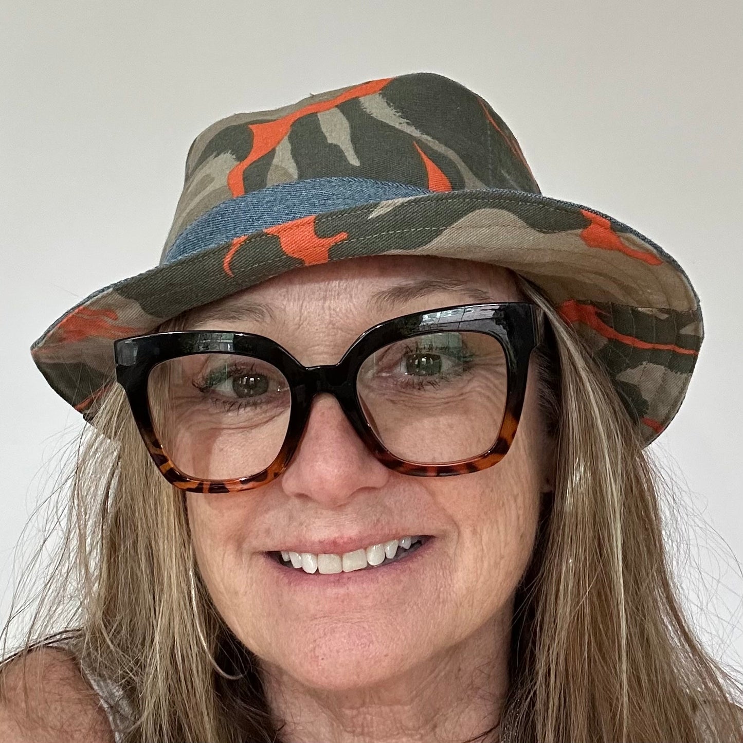 fun camo + blue denim reversible bucket hat
