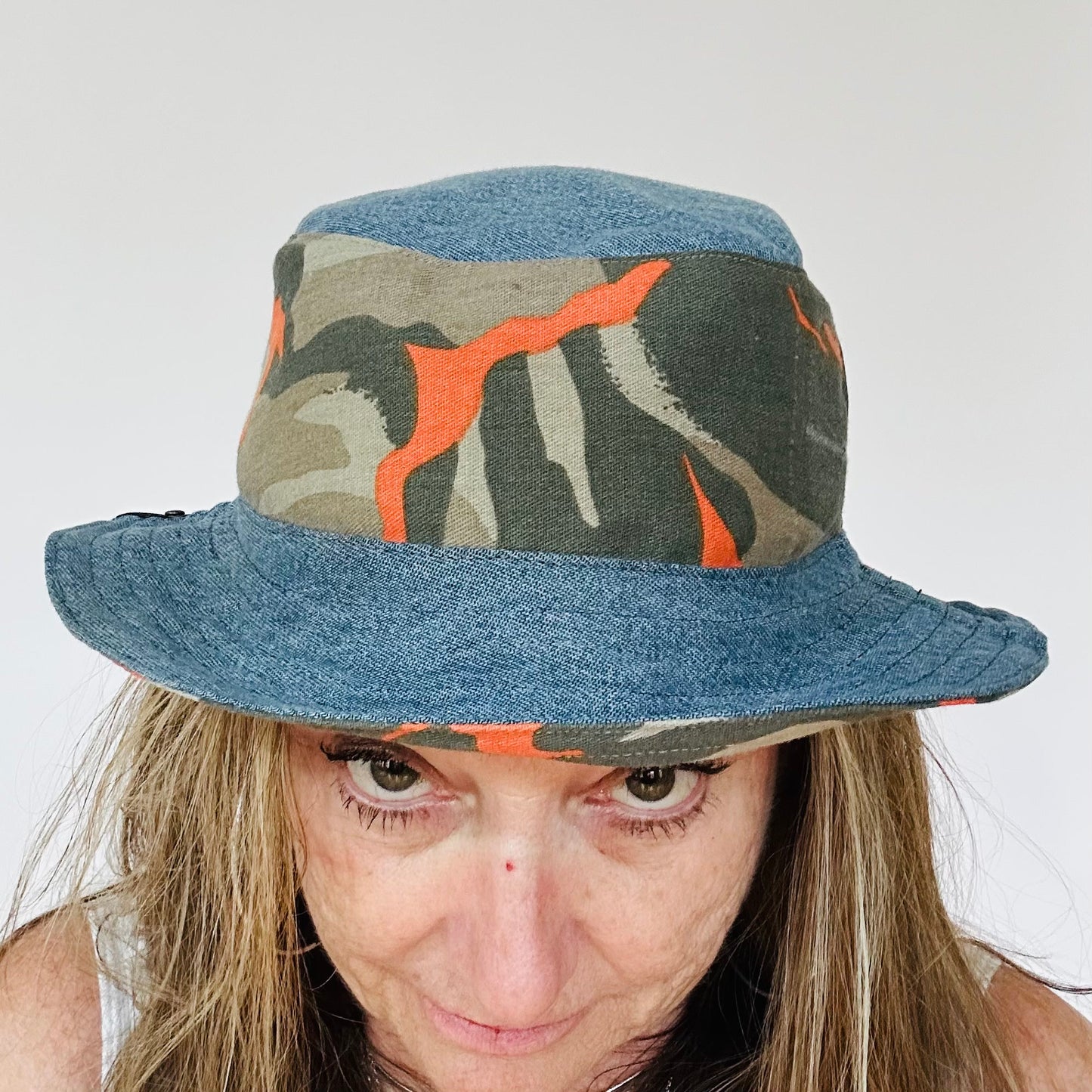 fun camo + blue denim reversible bucket hat