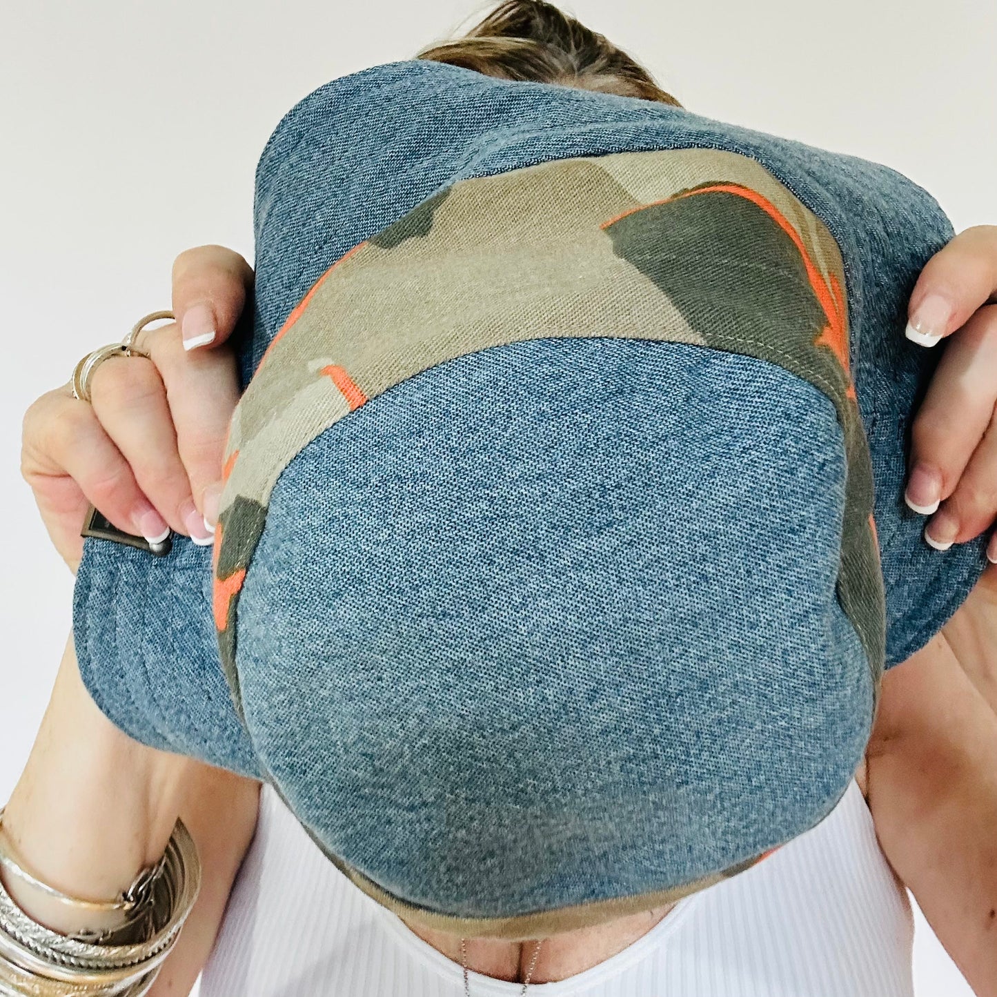 fun camo + blue denim reversible bucket hat
