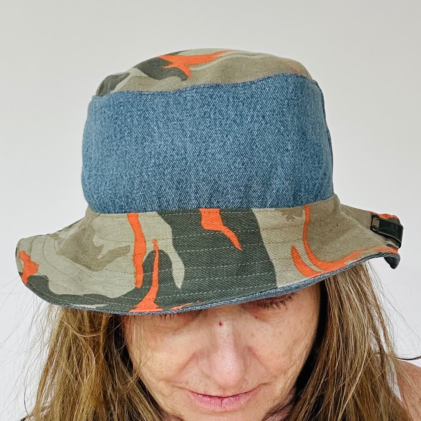 fun camo + blue denim reversible bucket hat