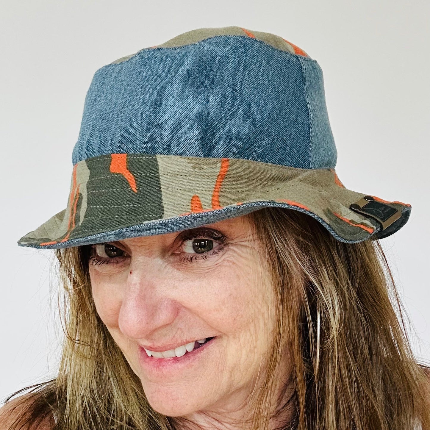 fun camo + blue denim reversible bucket hat