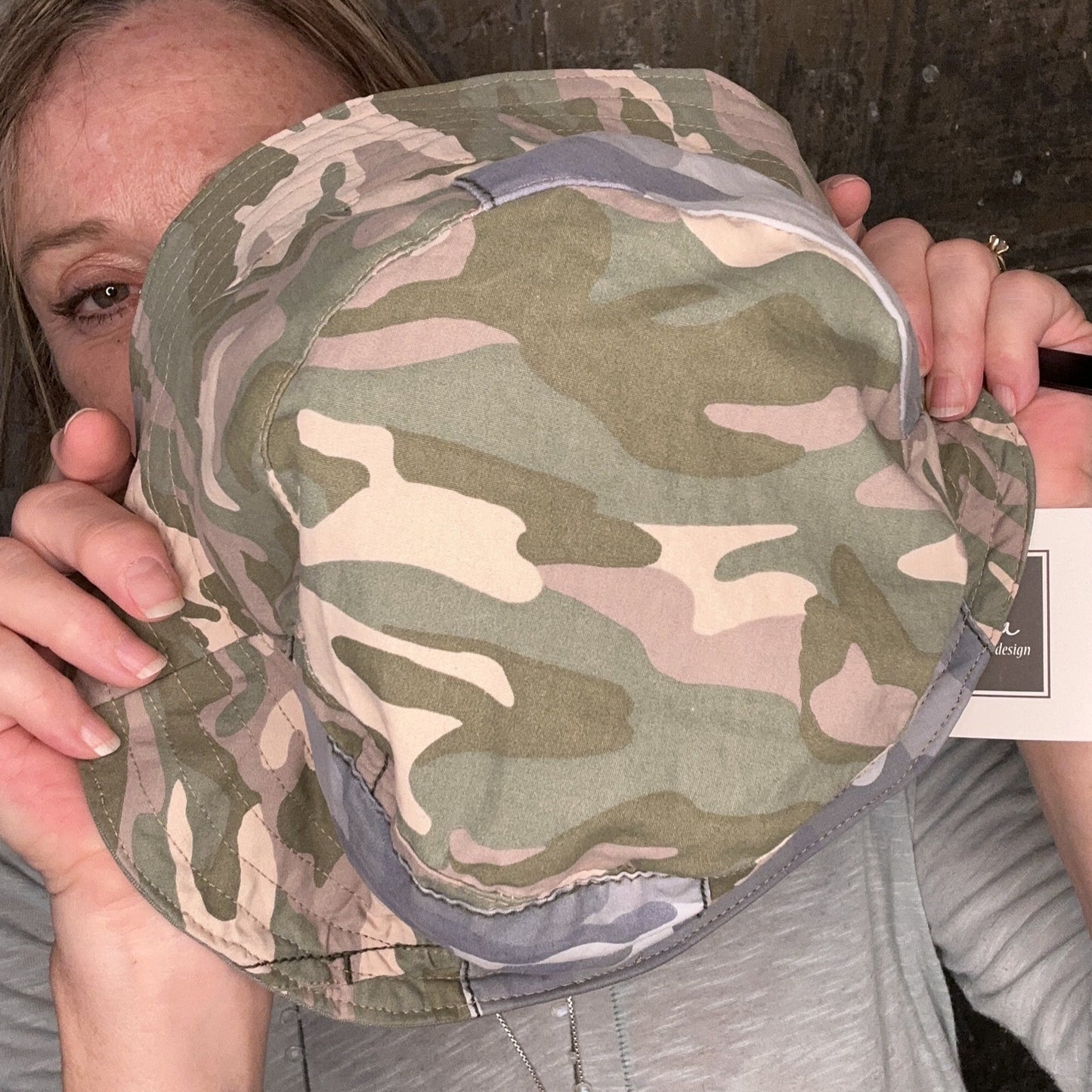 colorful camo patches + olive denim reversible bucket hat