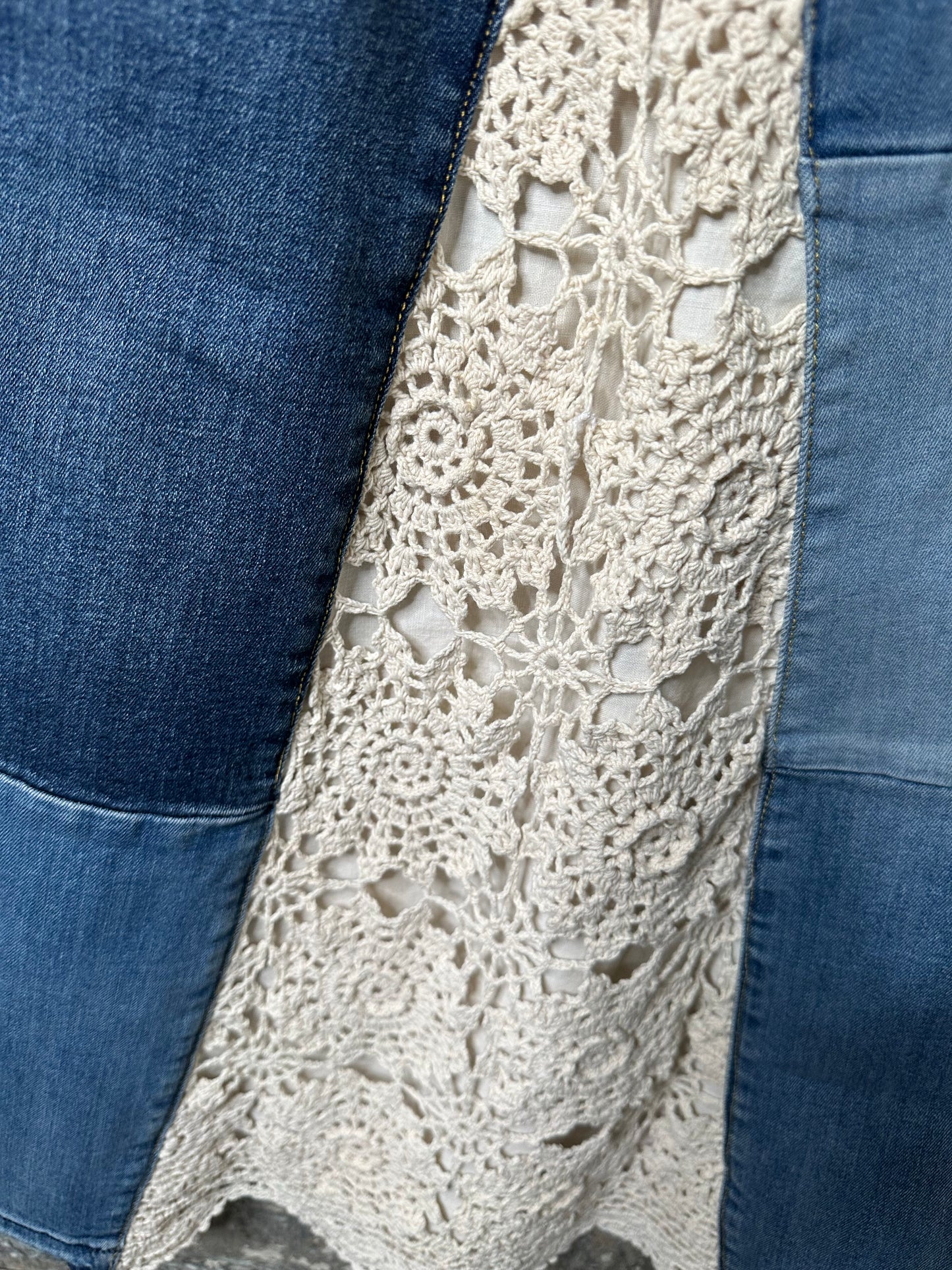 patched blue denim + lace maxi skirt, (size 29)