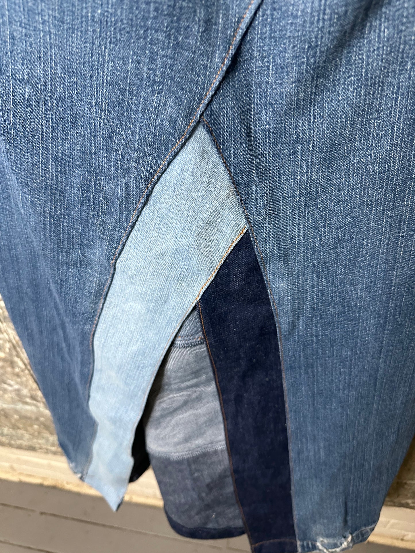 distressed denim patch maxi skirt, (size 12)