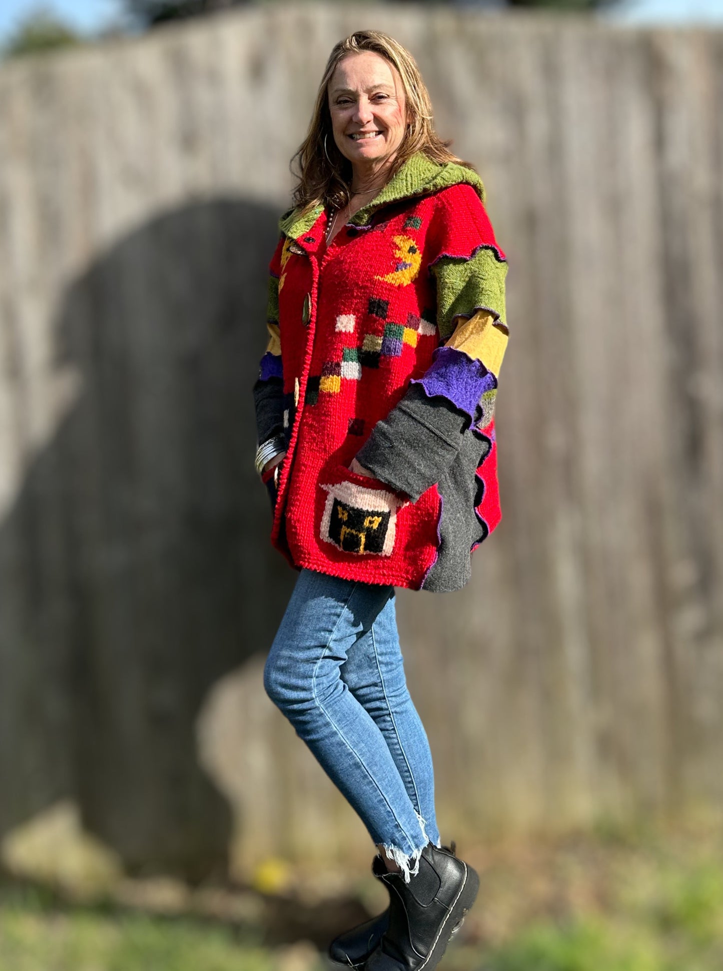 textured vibrant color swing style hooded coat