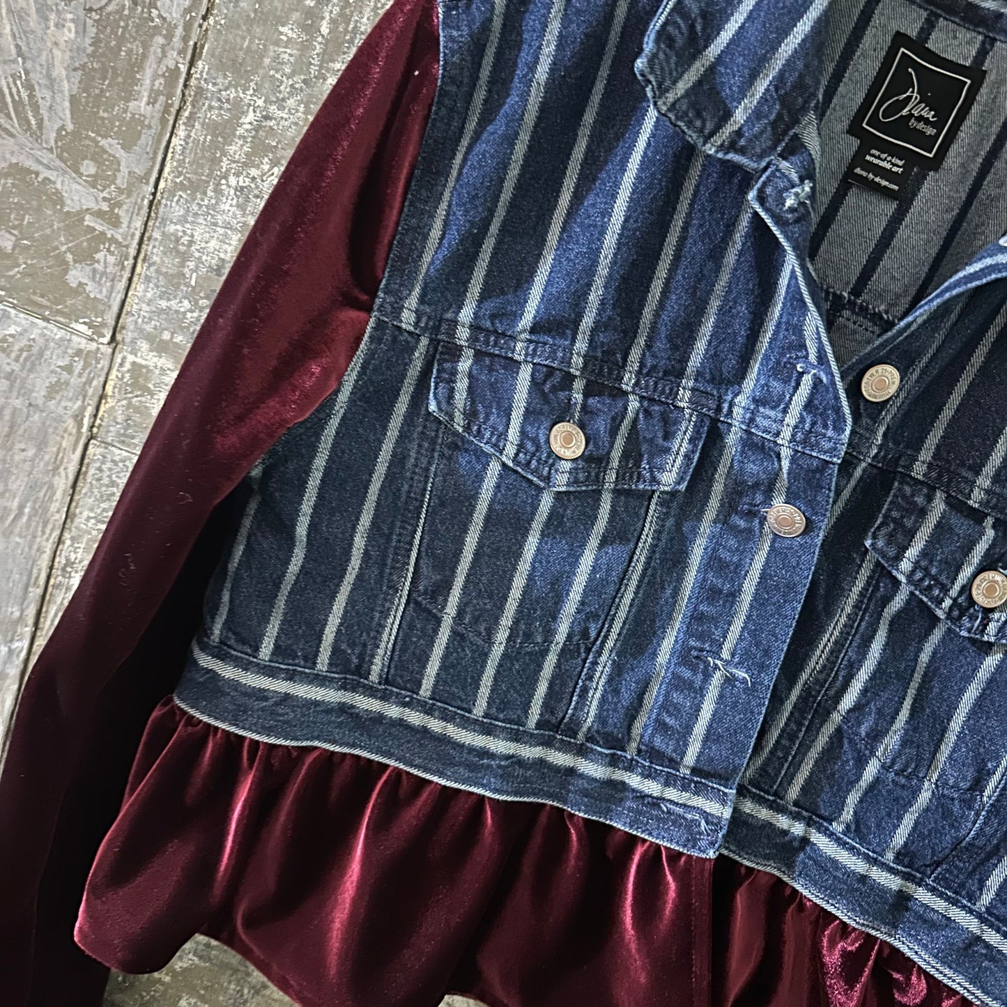 ruby velvet peplum + pinstriped denim