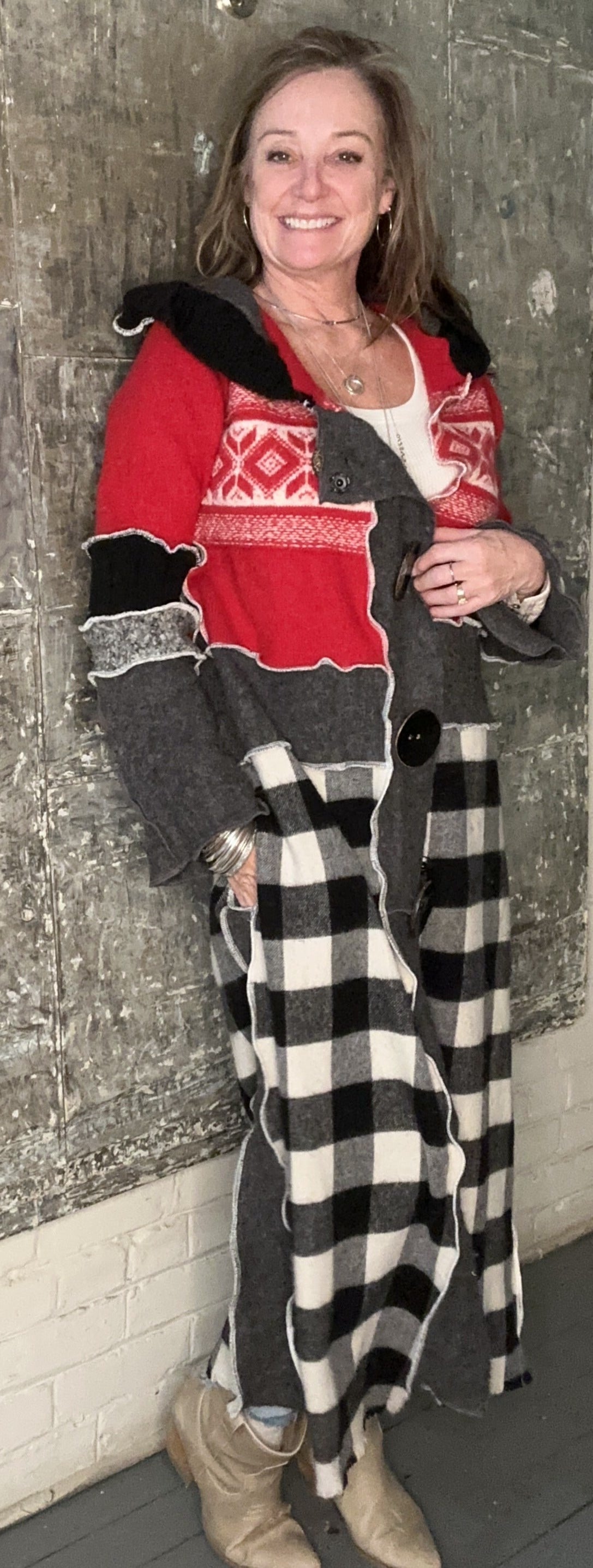 red winter black white check duster