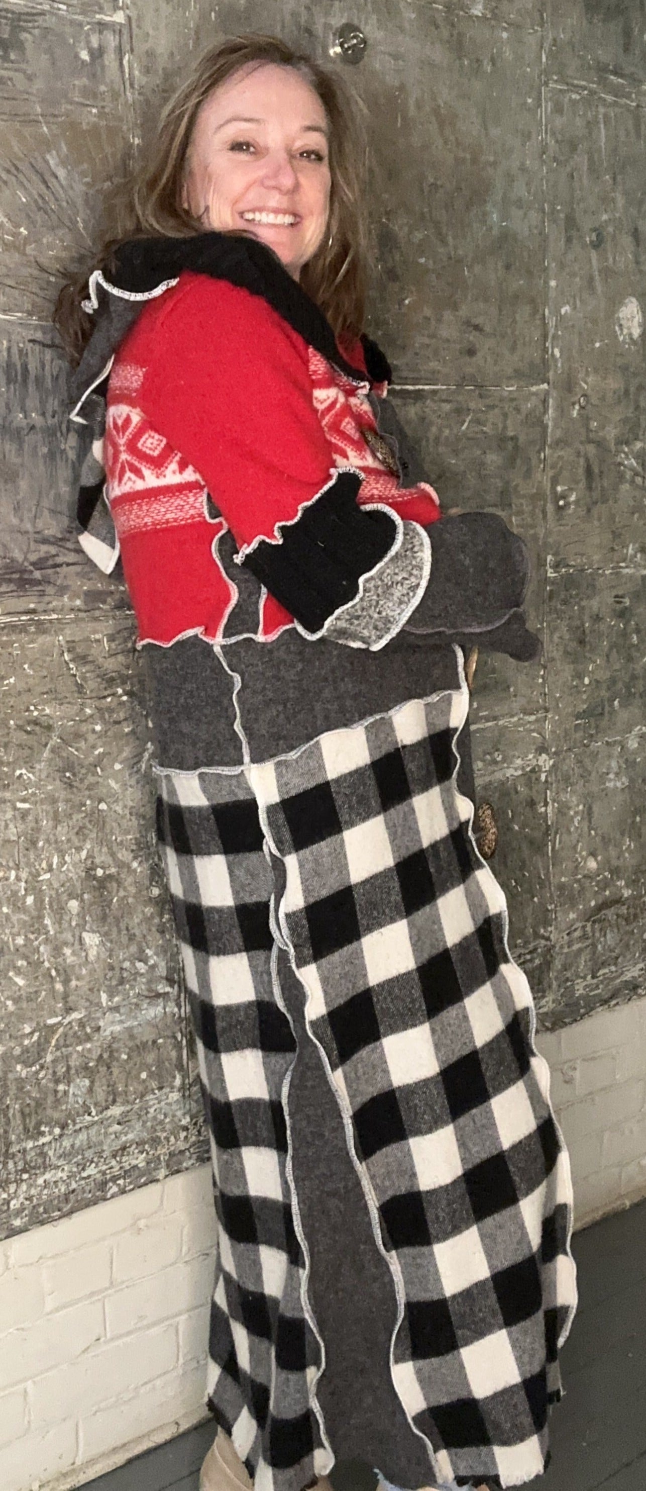 red winter black white check duster