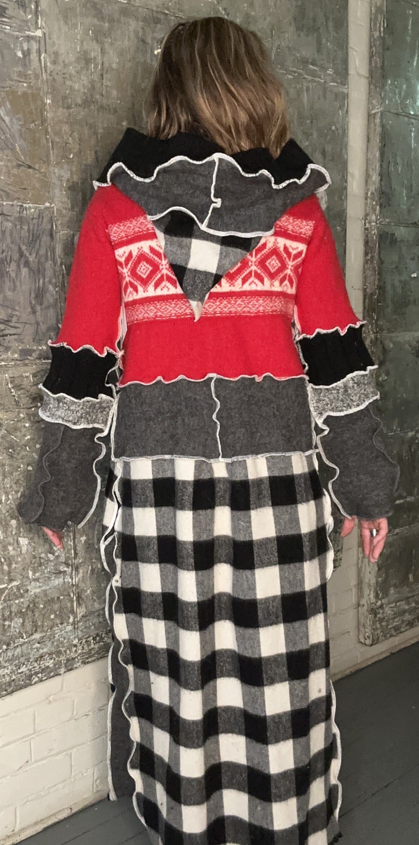 red winter black white check duster