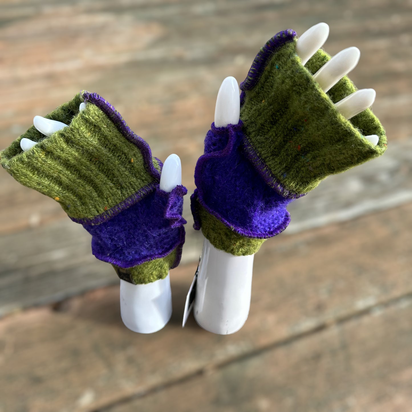 chunky green + purple wool fingerless mittens