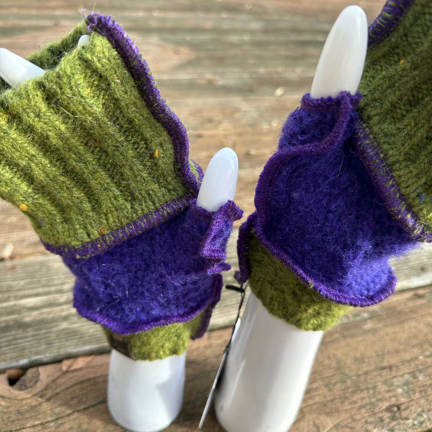 chunky green + purple wool fingerless mittens