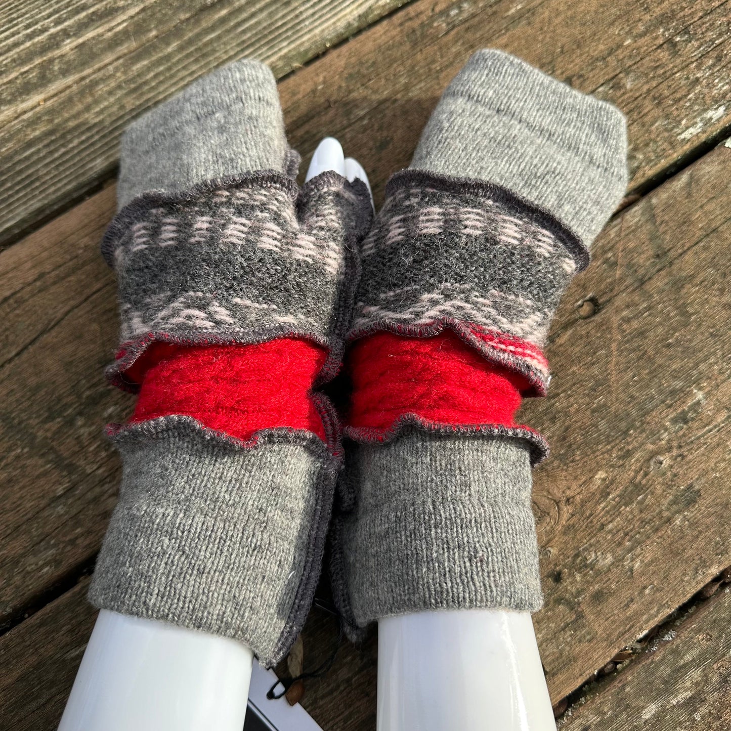 red + gray wool fingerless mittens