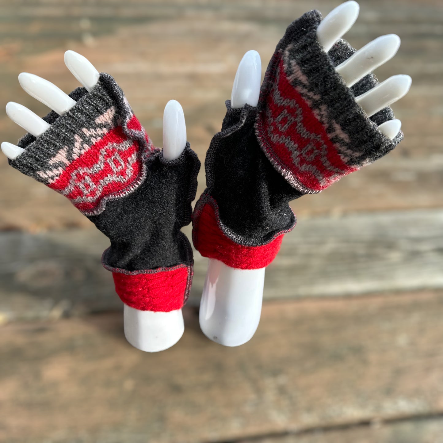 charcoal, red + winter knit wool fingerless mittens