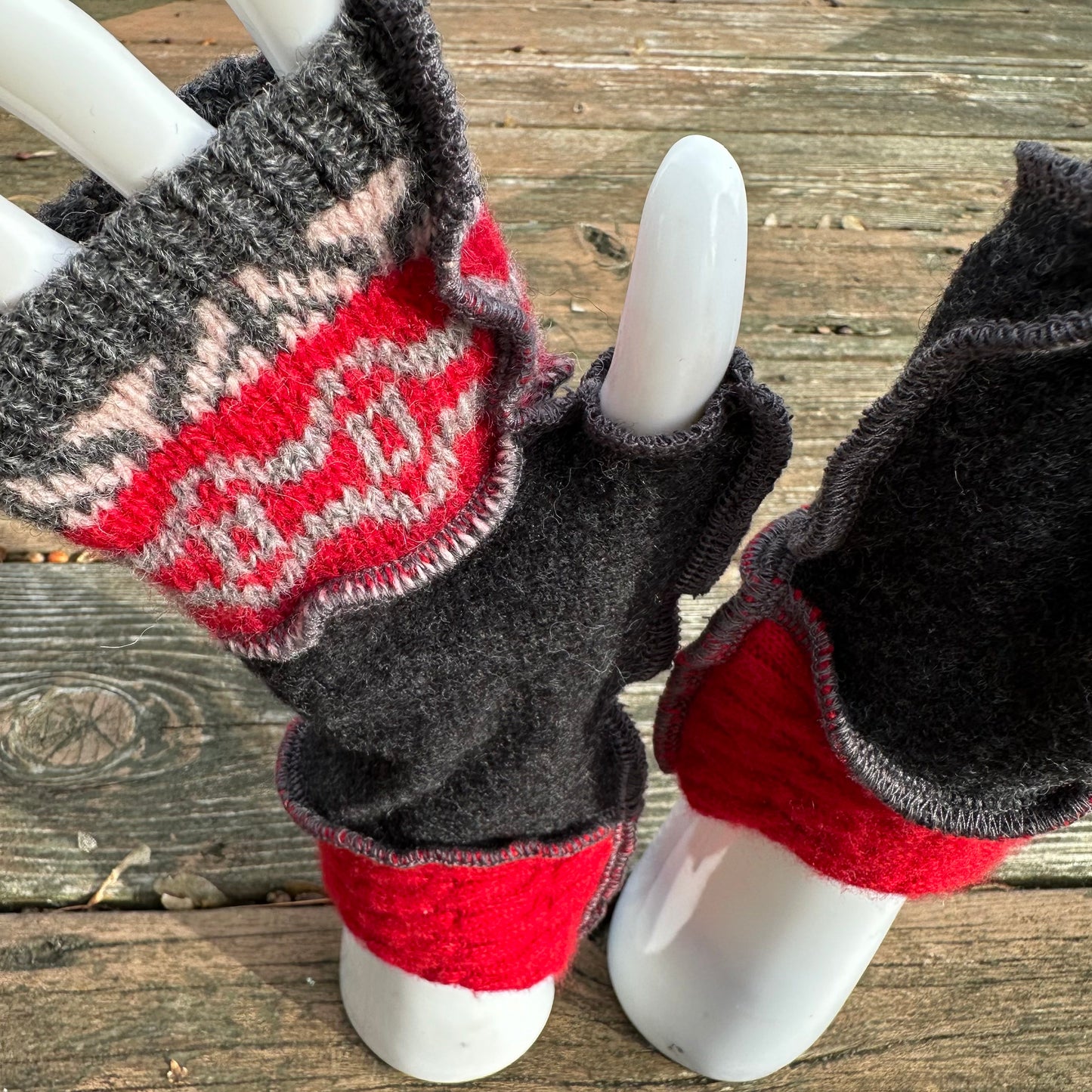 charcoal, red + winter knit wool fingerless mittens