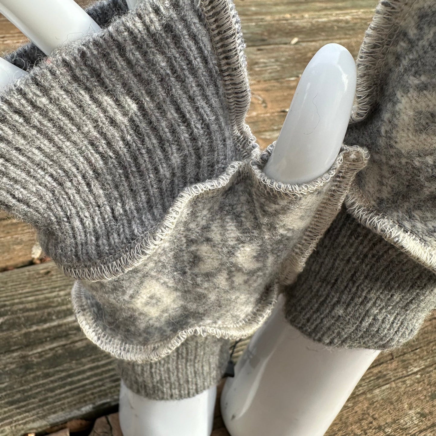 ivory + gray snowflake wool fingerless mittens