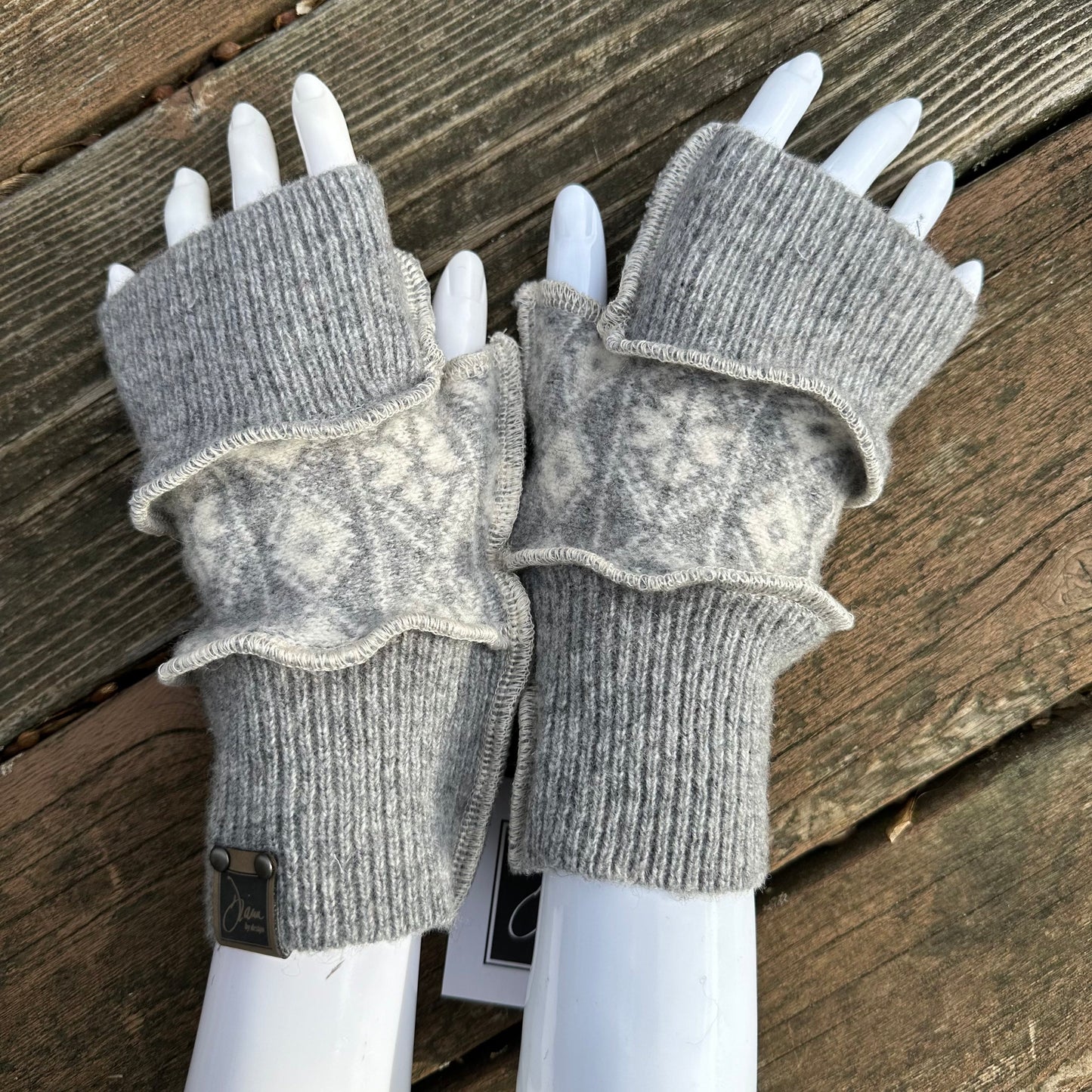 ivory + gray snowflake wool fingerless mittens