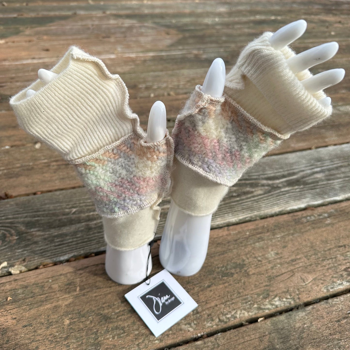 ivory cashmere + pastel weave wool fingerless mittens