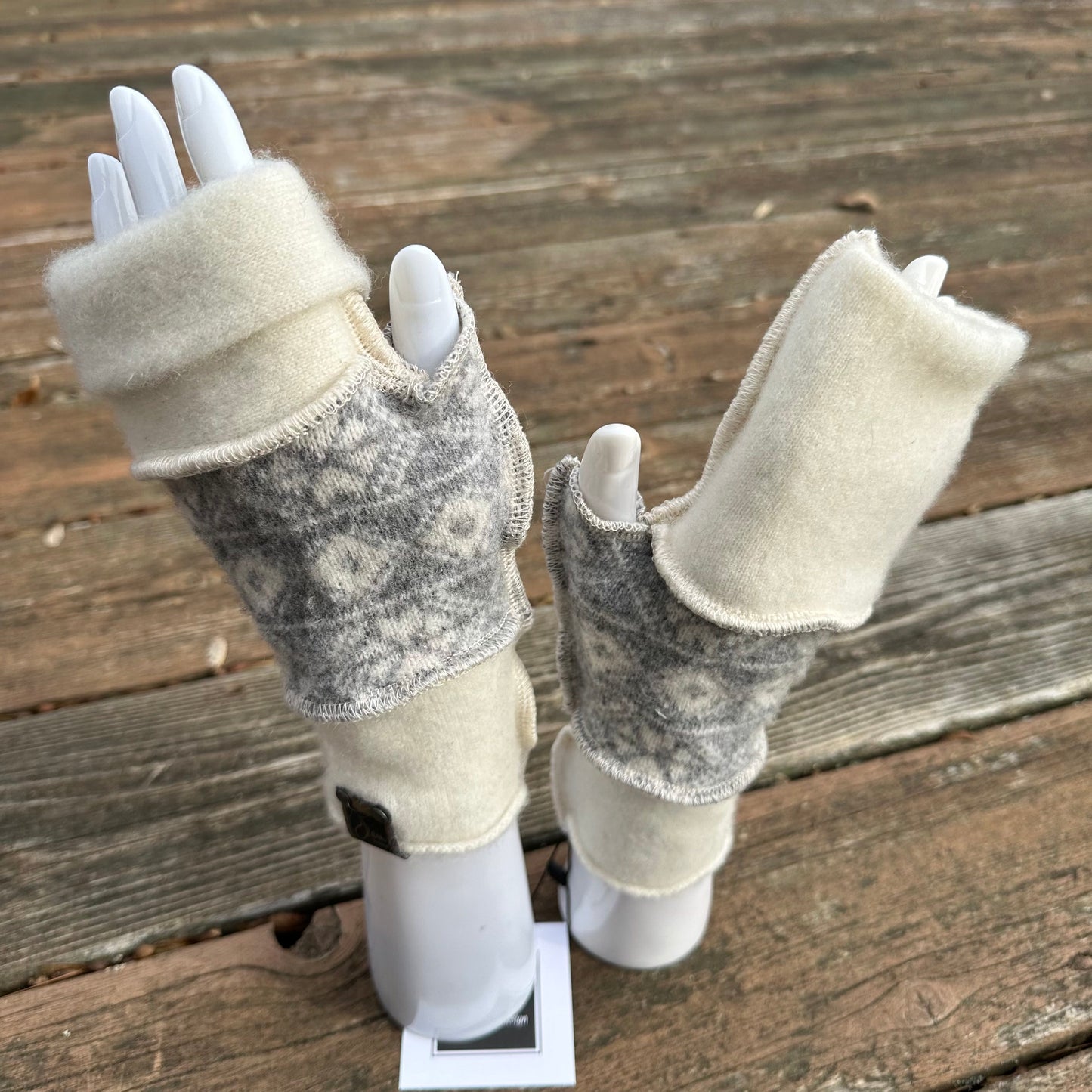 ivory cashmere + gray snowflake wool fingerless mittens