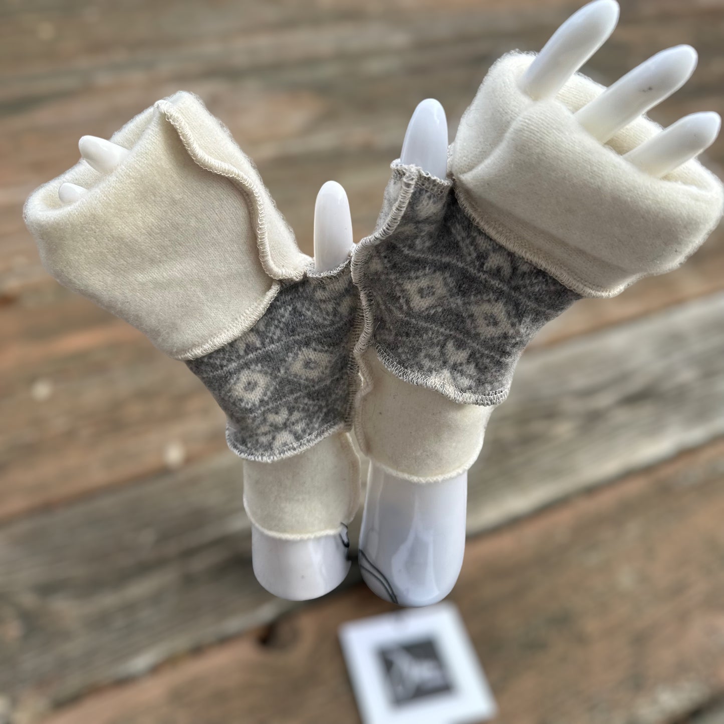 ivory cashmere + gray snowflake wool fingerless mittens