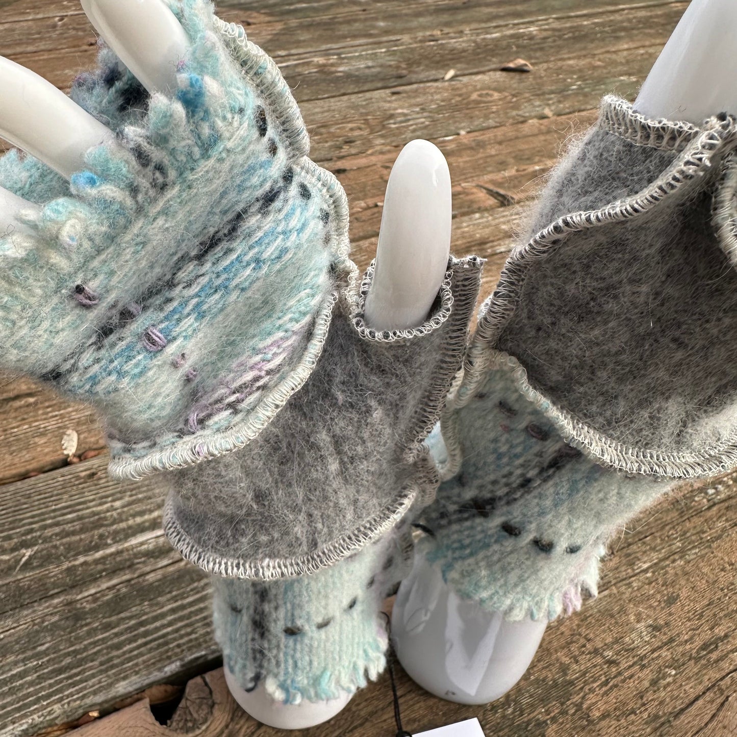 blues, lavender, gray + white weave felted wool fingerless mittens