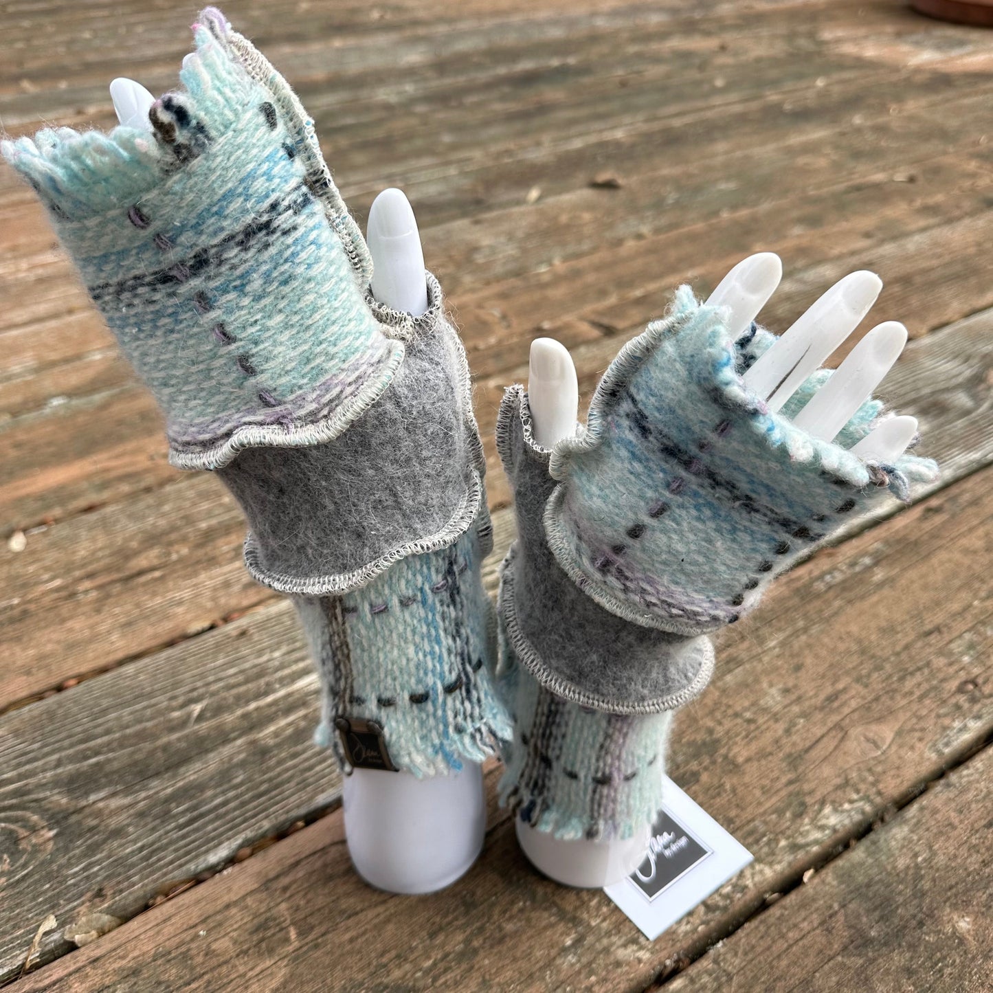 blues, lavender, gray + white weave felted wool fingerless mittens