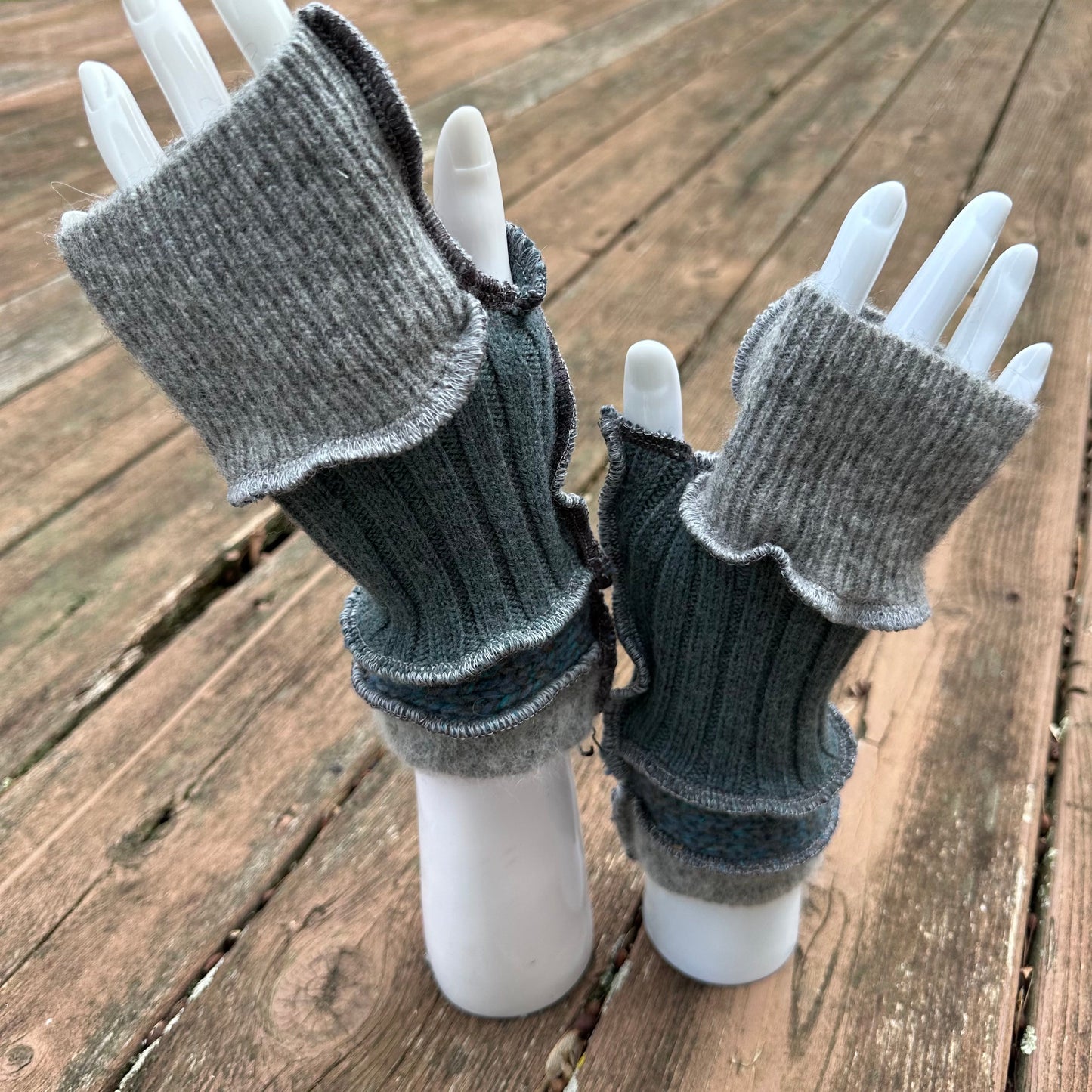 gray + aqua felted fingerless mittens